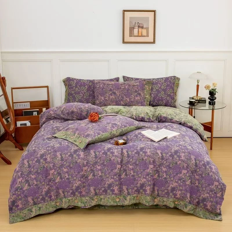 2025新款精品色织双层纱加厚碎花四件套--柔情之境（纽扣）