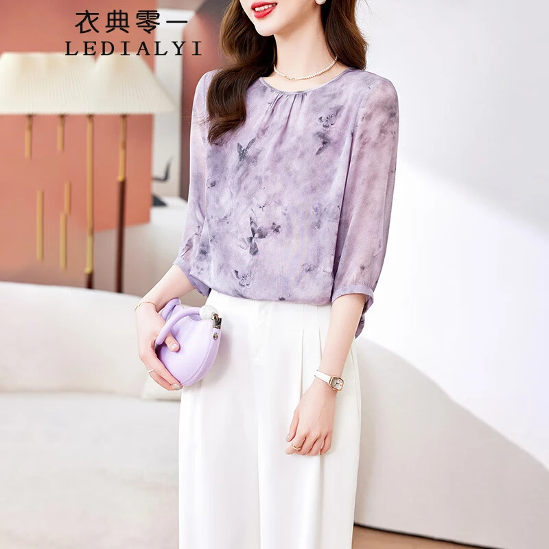 杭州双绉印花真丝衬衫女2025夏季新款时尚减龄五分袖桑蚕丝衬衣