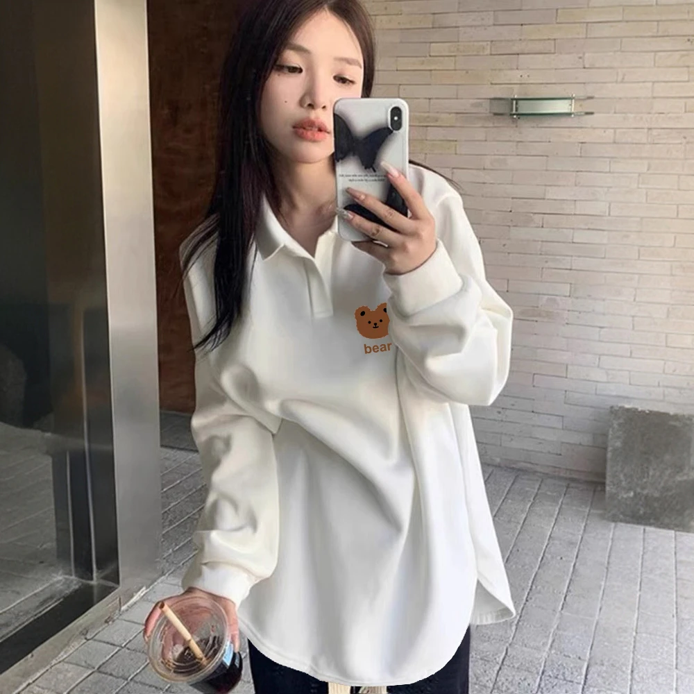 POLO领显瘦减龄上衣秋季新款U形下摆长袖百搭简约印花t恤打底女士