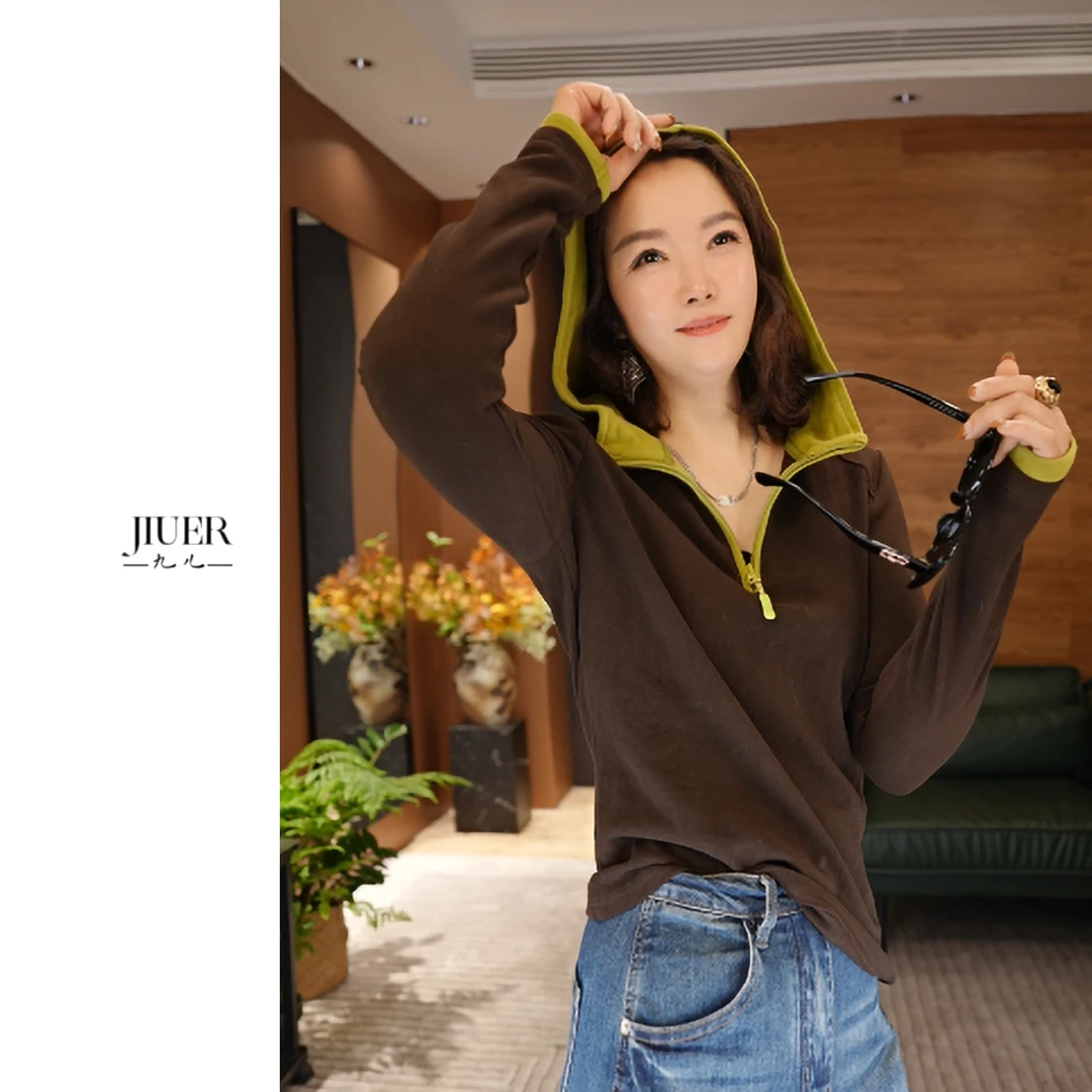 JIUER德绒拼色连帽拉链卫衣 户外休闲时尚带帽运动百搭显瘦02