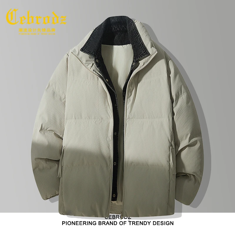 法国Cebrodz男士冬季高级感白鸭绒男士外套假两件保暖羽绒服