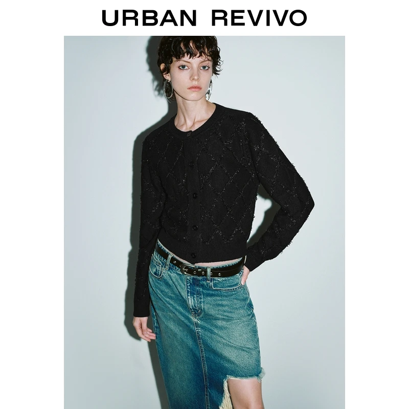 UR2025秋季新款女装休闲时尚立体菱格纹针织开衫UYY950082+