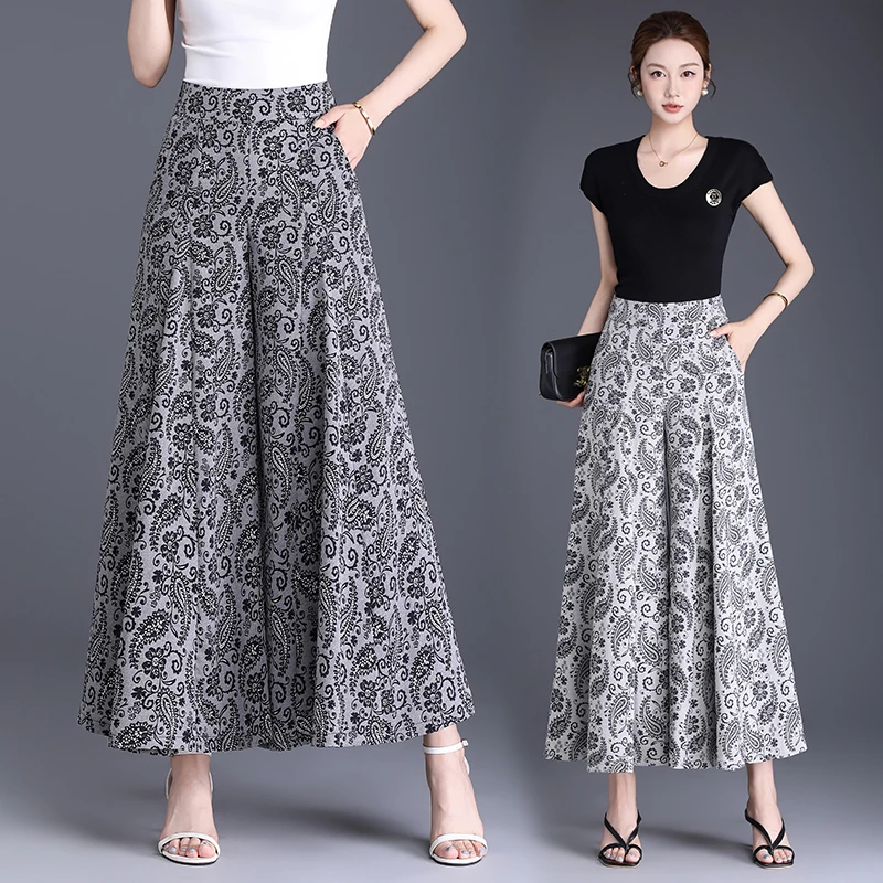 冰丝印花阔腿裤女夏季新款高腰宽松中年妈妈裤子洋气薄款九分裙裤