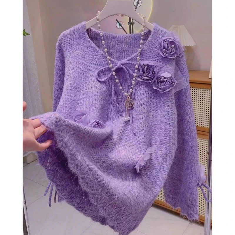 领口袖口系带设计感花朵毛衣秋冬韩版宽松新年红色针织衫