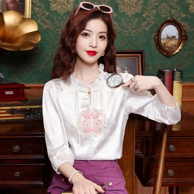 衬衫女七分袖春夏新款中式绣花减龄百搭舒适上衣
