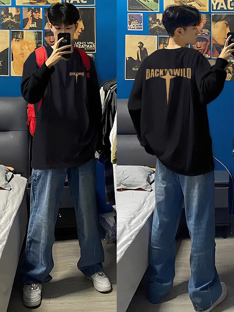 【重磅纯棉】百搭美式男款T恤休闲宽松圆领秋冬长袖T上衣潮牌打底衫