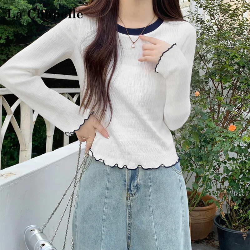 拉夏贝尔撞色木耳边设计感圆领长袖T恤女秋季修身显瘦甜辣妹上衣