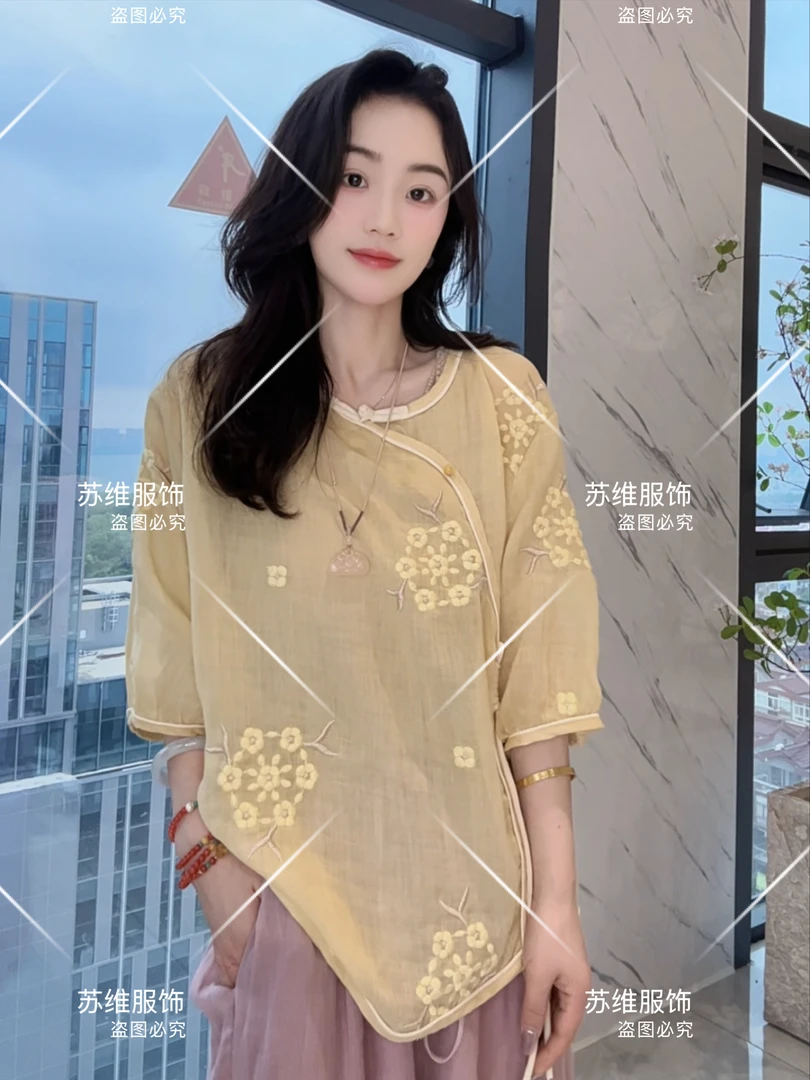 20303夏季新款文艺复古圆领刺绣苎麻盘扣收腰女式衬衫小衫