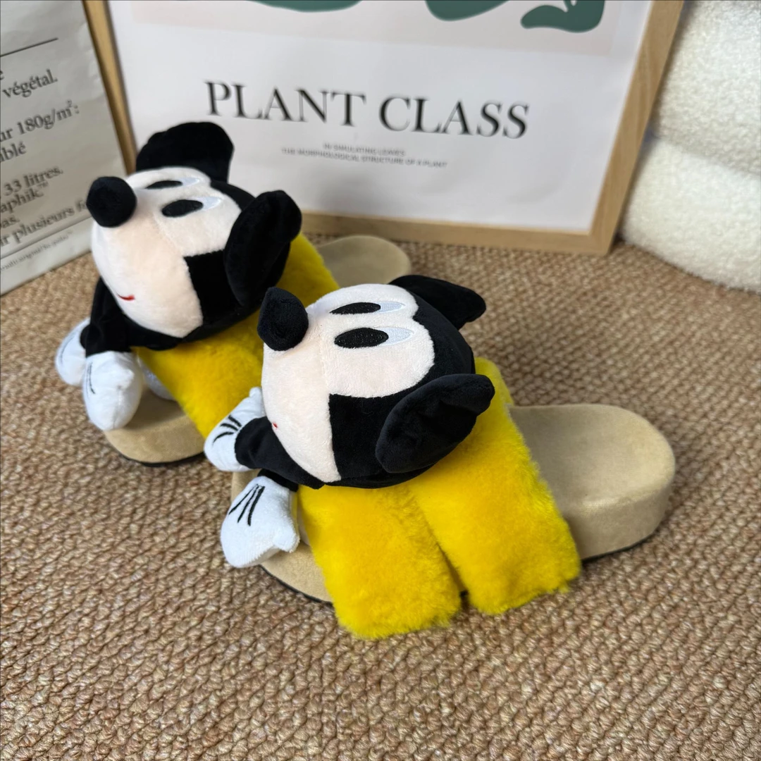 时尚卡通一字立体米奇毛毛拖鞋女2025秋冬新款外穿保暖半拖棉拖鞋