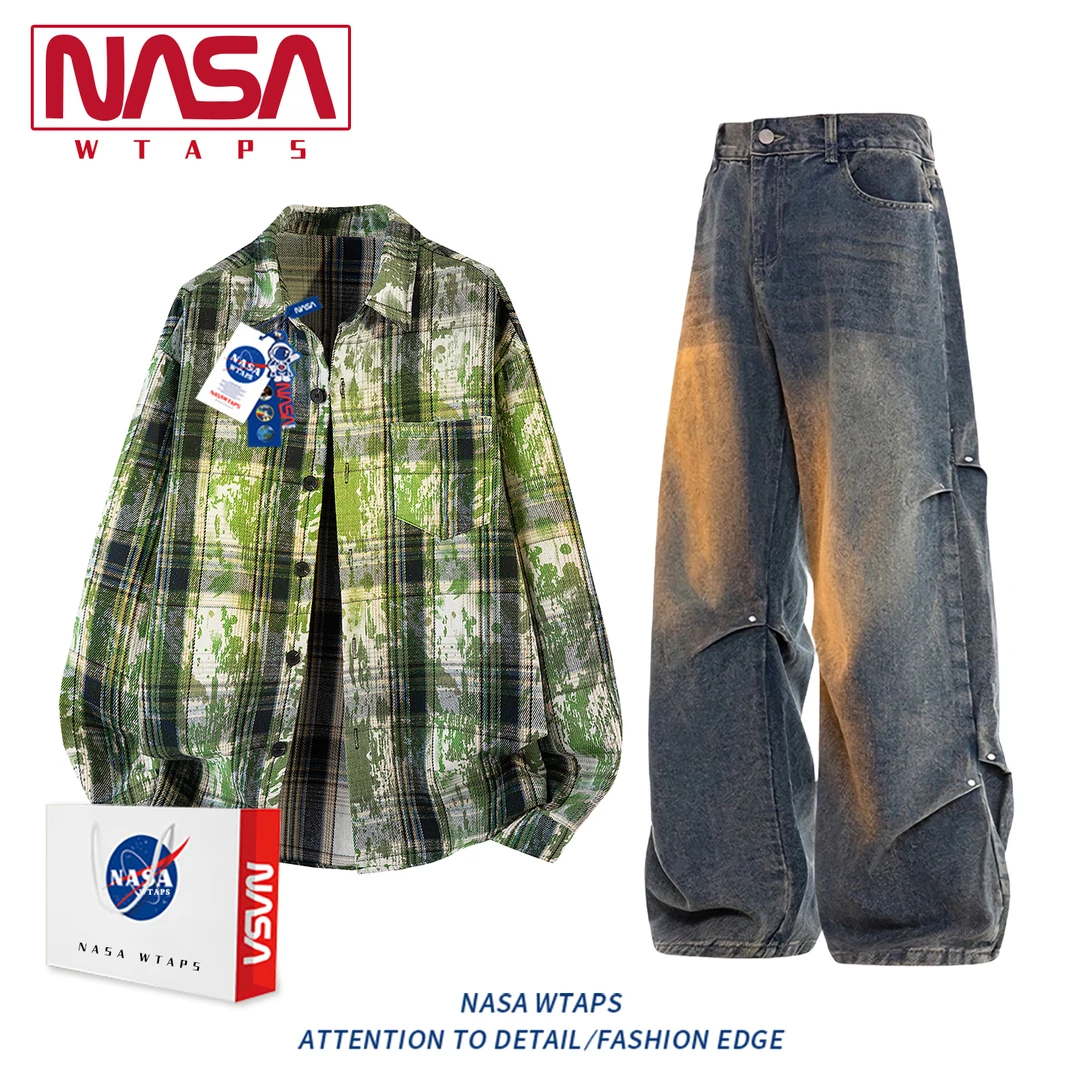 NASA WTAPS绿色扎染格子衬衫套装男款秋季高级感休闲衬衣两件套潮