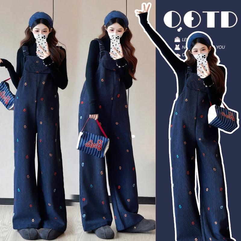 孕妇装新款时尚加绒加厚刺绣韩版背带裙打底上衣两件套孕妇套装