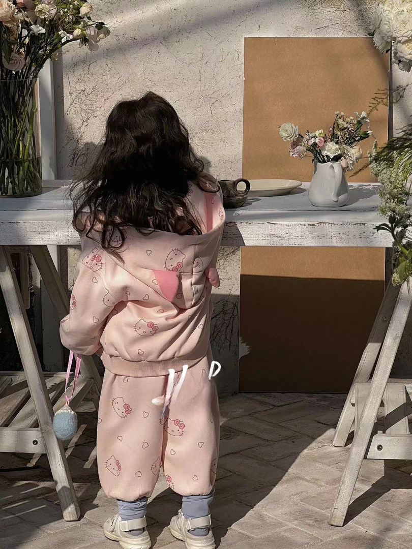 女童粉色卡通连帽外套休闲卫裤套装（HCB-6018-春秋）