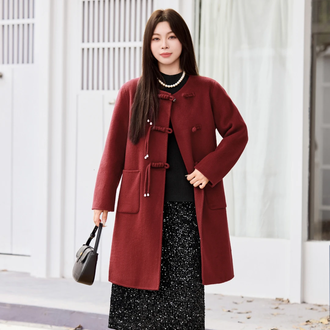 【100%绵羊毛】MsShe大码女装2025冬新中式盘扣双面呢大衣E2510010