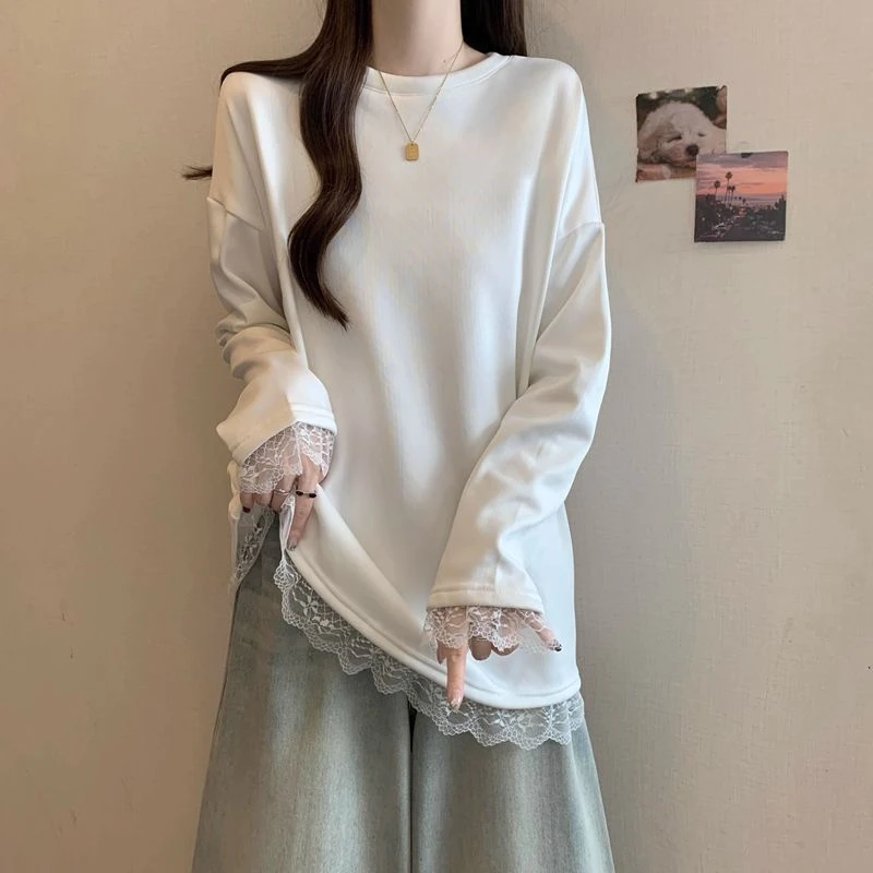 韩版圆领蕾丝拼接德绒长袖上衣秋冬季新款宽松显瘦慵懒风休闲T恤