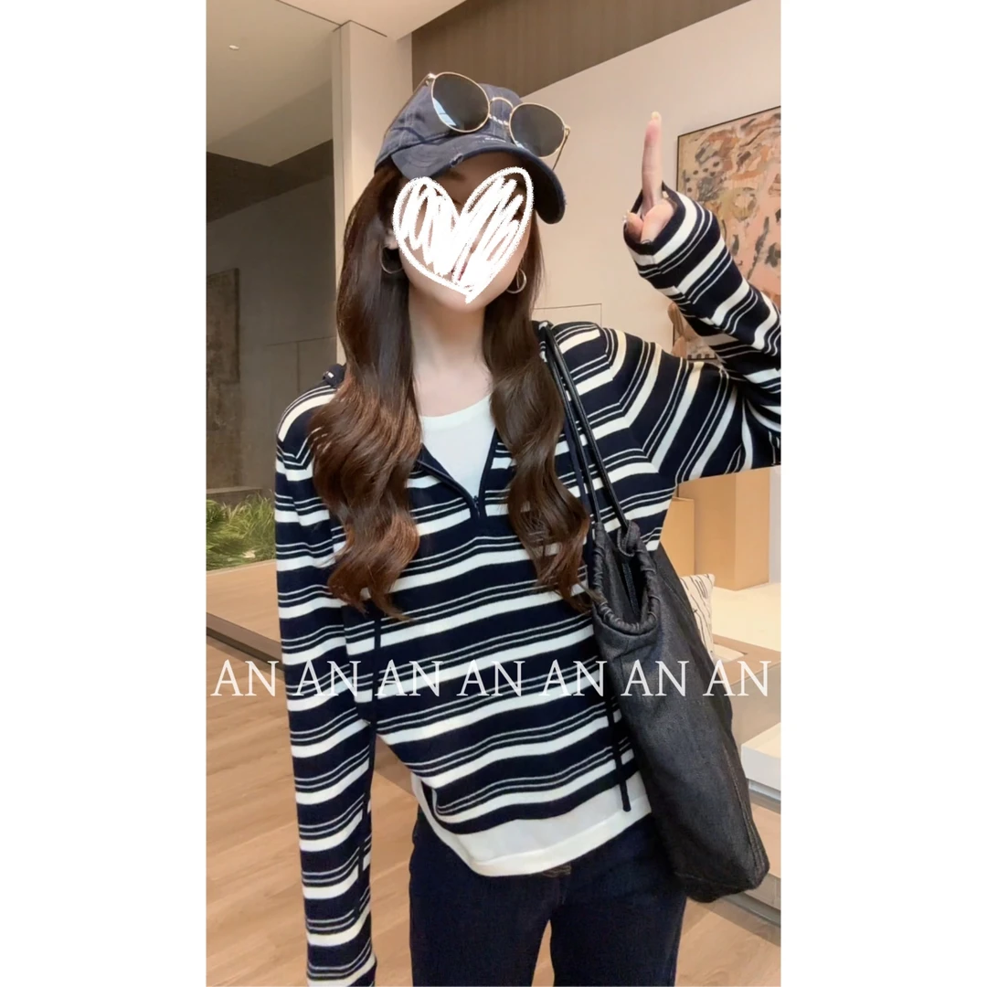 C08272时尚舒适显瘦宽松套头半拉链连帽假两件条纹针织衫