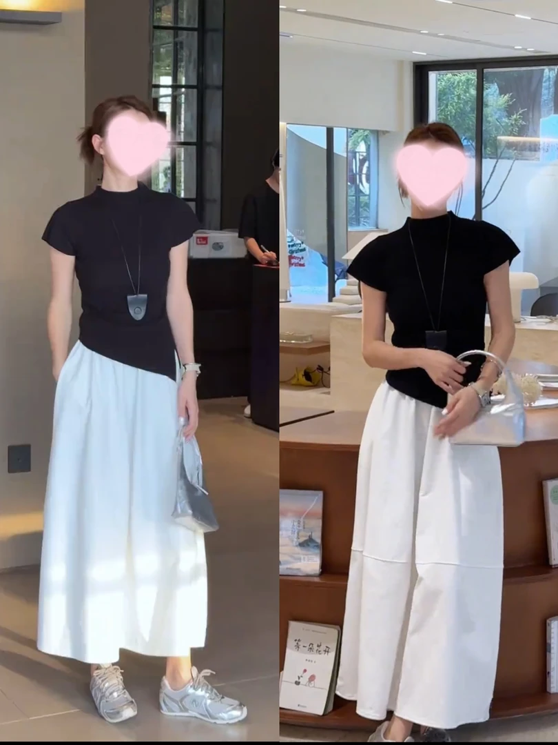 春夏时尚百搭两穿抽绳女装修身短袖毛针织衫显瘦遮跨半身裙两件套