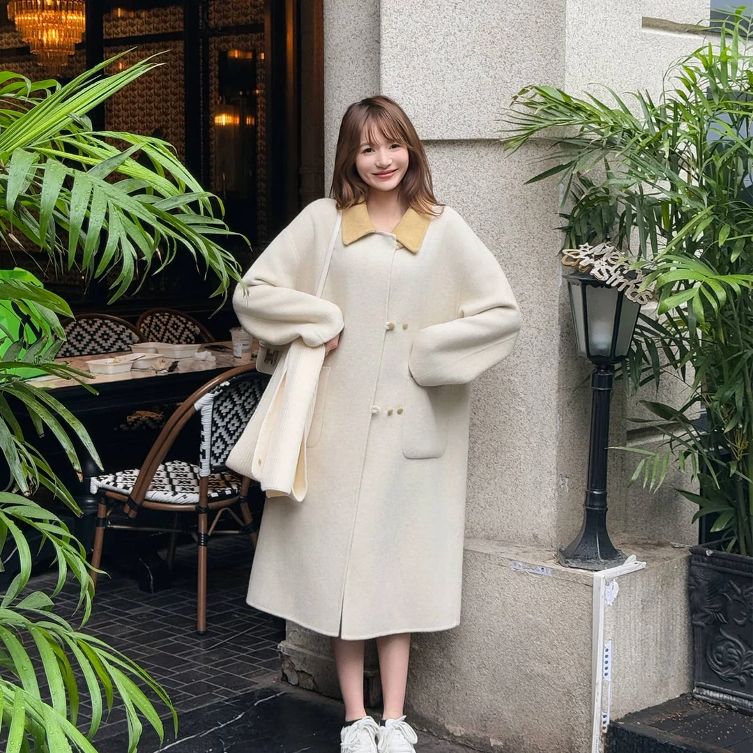 5517 秋冬韩版小个子简约风翻领撞色显瘦时尚气质长款羊毛大衣