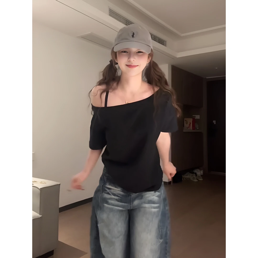 SUMBUR美式复古宽松慵懒风短袖t恤女夏季一字肩显瘦设计感小众