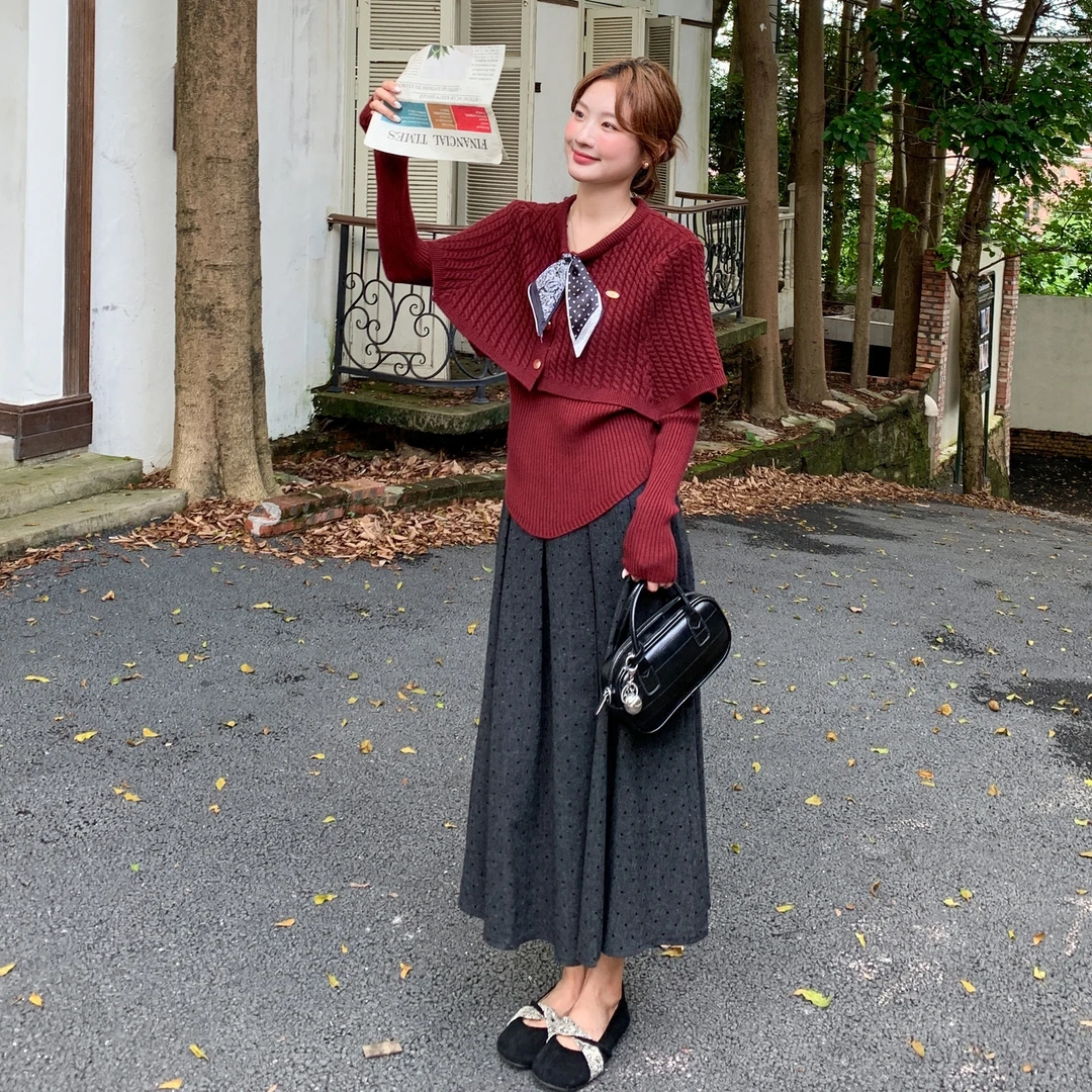 法式千金风斗篷披肩针织上衣半身裙三件套女2025秋季巨好看的套装