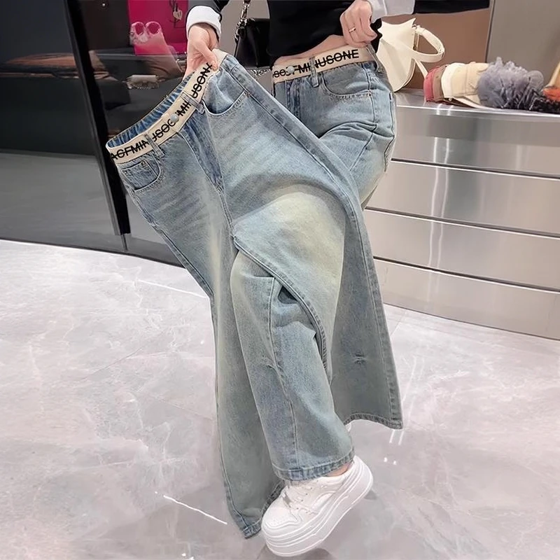 字母腰带牛仔裤女2025新款高腰显瘦大码胖mm小个子夏季薄款阔腿裤