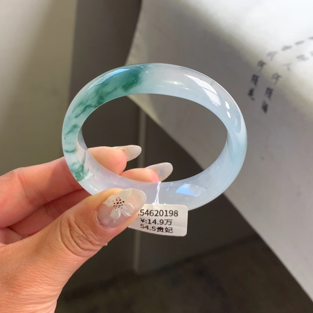 翡翠手镯未镶嵌冰胶飘花55宽版大轮胎