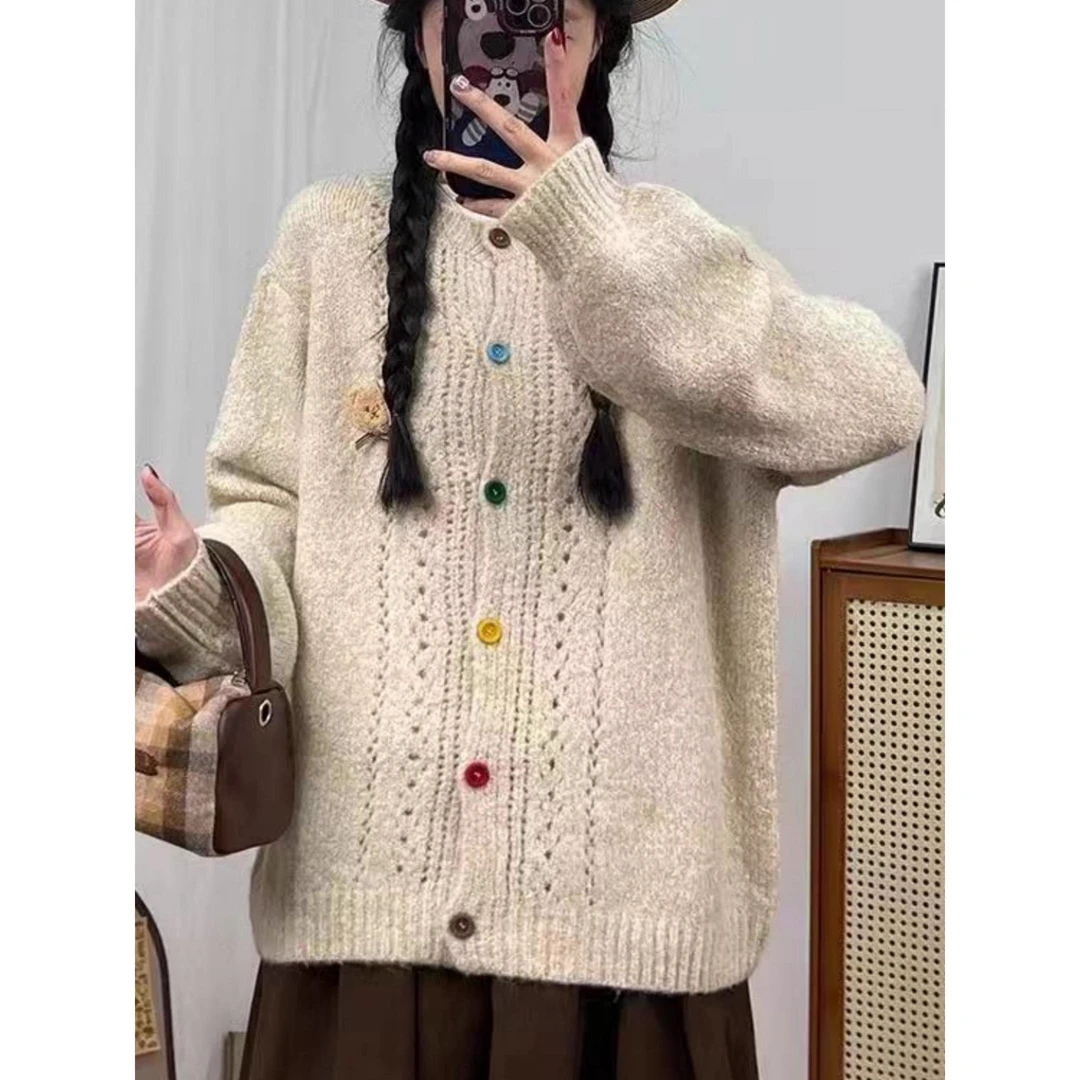 VOCKOO官方设计感覆古卡通小熊针织开衫女秋季大码胖MM显瘦宽松遮