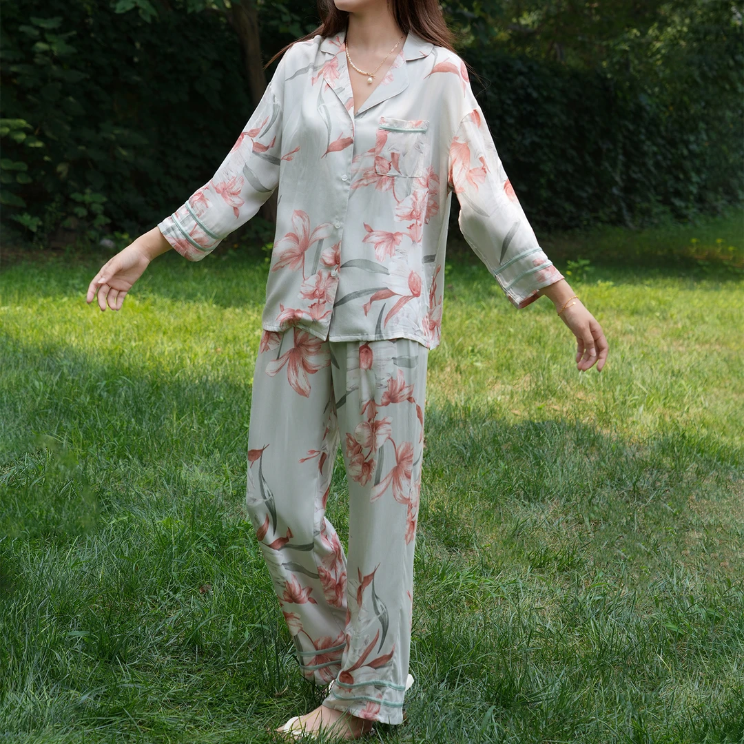 真~丝~平替丝滑超透气不闷热薄款印花女士翻领开衫家居服睡衣套装