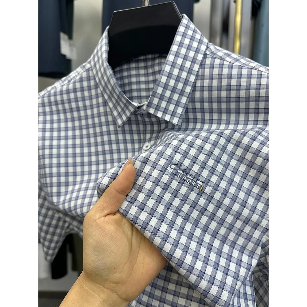 ZaSaFran经典千鸟格短袖全棉衬衫中青年小格子高端薄款大码衬衫