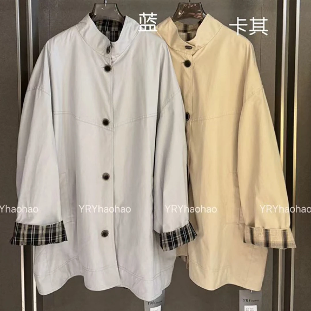 W0122 大码中长款撞色格纹风衣