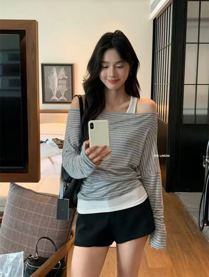 姐妹团人手一件！条纹一字肩套头上衣长袖T恤+纯色背心套装 6031