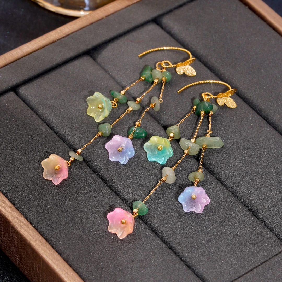 铜合金耳饰 甜美气质耳环古风失序混搭风拼色花朵耳饰PT0691