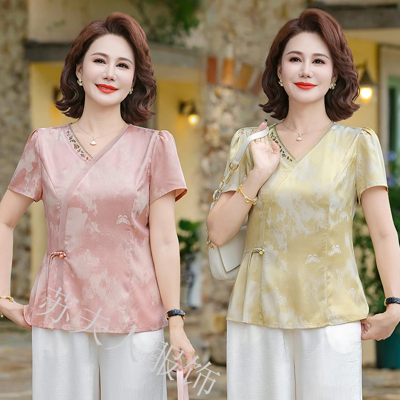 时尚中年妈妈夏季短袖新中式T恤上衣中老年女夏装洋气V领小衫新款