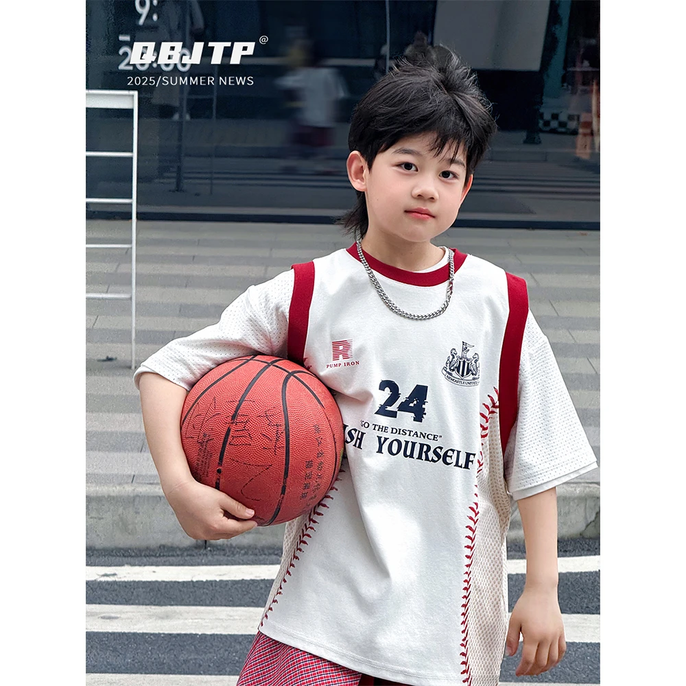 Q宝家童品4月新款 儿童篮球服T恤夏装薄款男童短袖透气运动上衣潮
