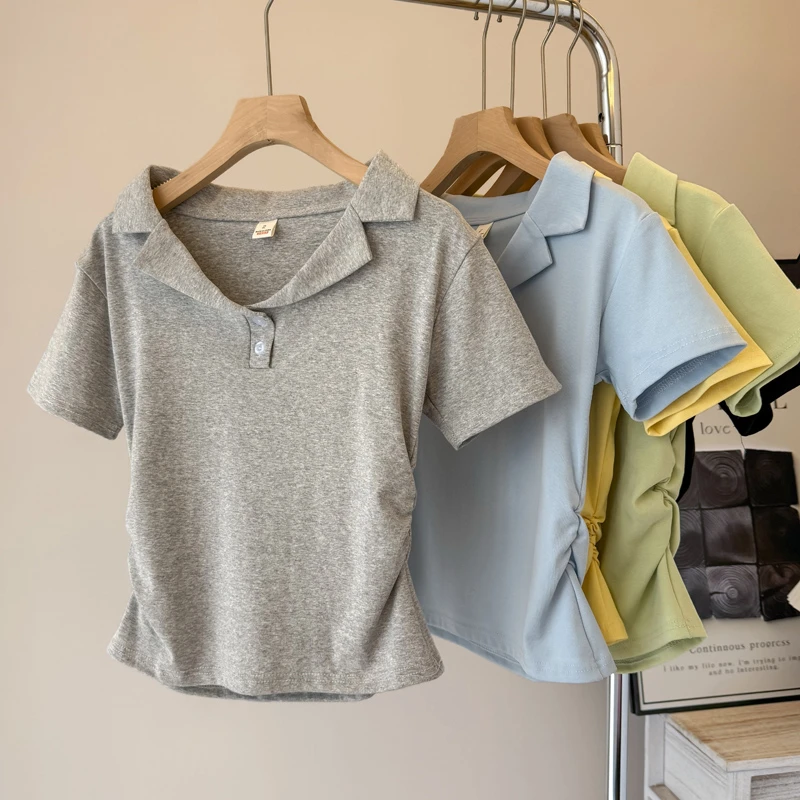 灰色polo衫翻领正肩短袖T恤女夏季v领收腰漏锁骨小众设计感上衣服
