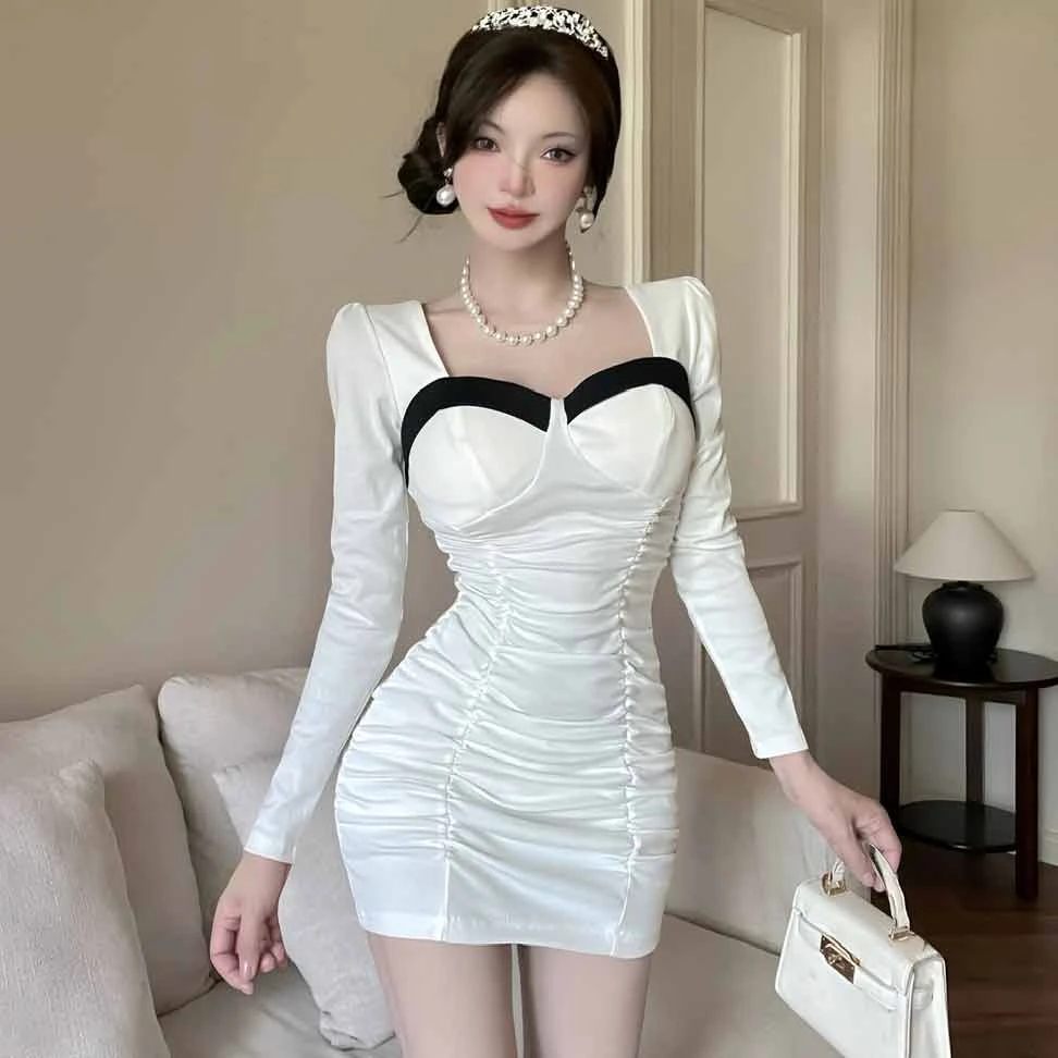 法式小众性感拼接显瘦长袖连衣裙新款气质御姐收腰紧身褶皱包臀裙