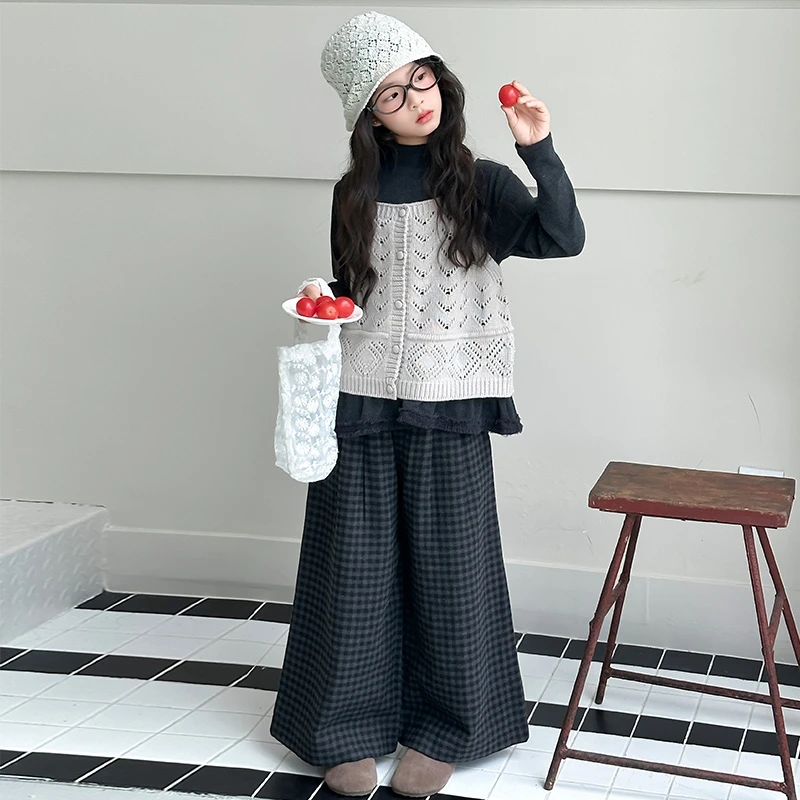 女童秋装套装2025新款洋气时髦儿童装秋季女大童马甲格子裤三件套