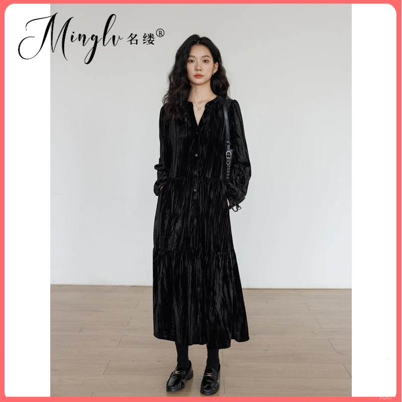 小众设计V领a字裙复古名缕连衣裙女性宽松长款女装优雅高级感秋季