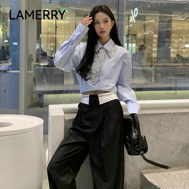 LAMERRY 白/蓝色经典短款双层珠片领设计衬衫奢华高级感LWFS2C055