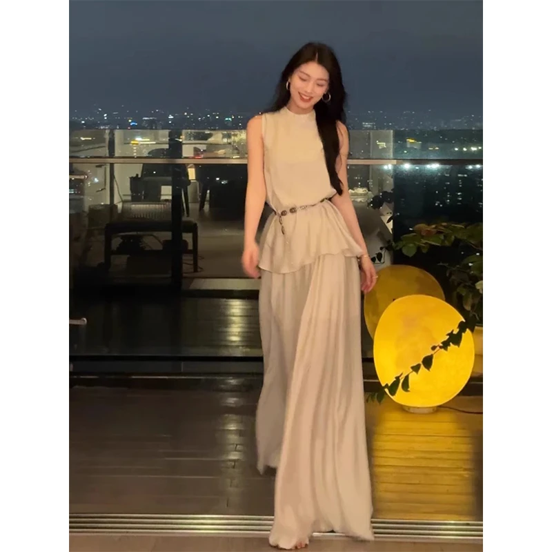 韩系休闲风高领无袖上衣套装女夏季新款高腰宽松阔腿拖地裤两件套