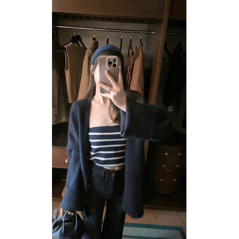 美式辣妹拼色条纹无袖抹胸上衣修身T恤外穿针织开衫高腰显瘦裤子