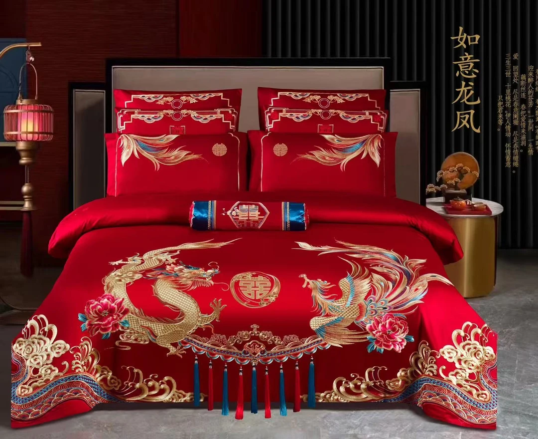 如意龙凤 婚庆大红四件套180支匹马棉刺绣花四件套结婚全棉六件套