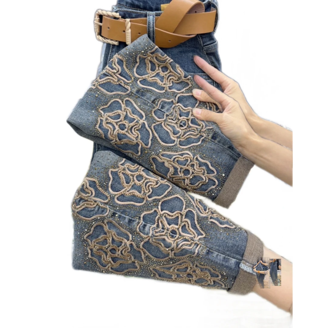 5319款重工时尚潮流新款全钻弹力九分牛仔老爹裤，腰带赠送