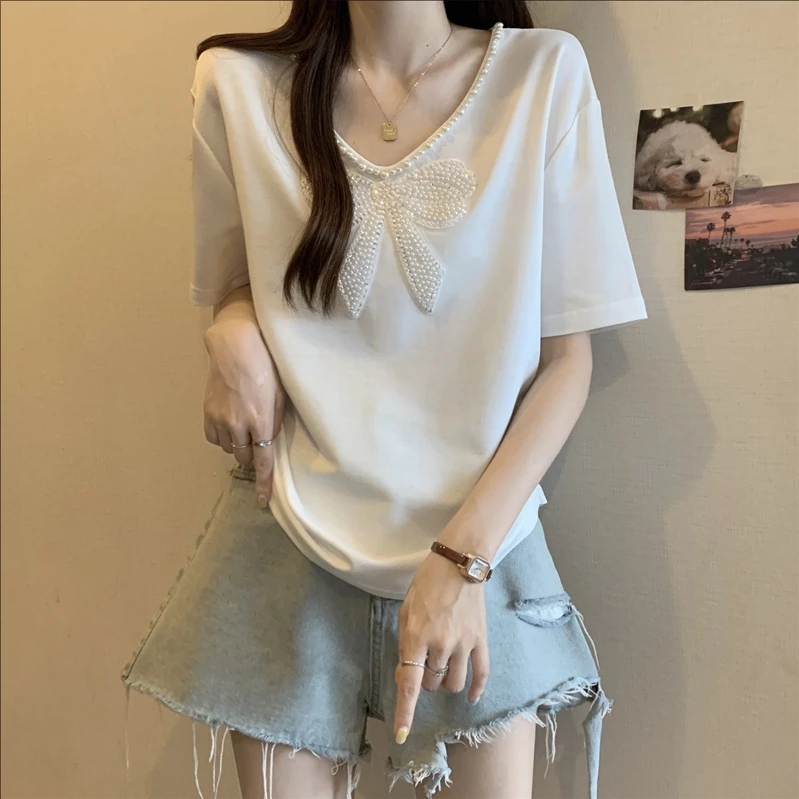 卡莲格/大码女装T恤重工钉珠蝴蝶结夏季新款遮肉显瘦百搭短袖上衣