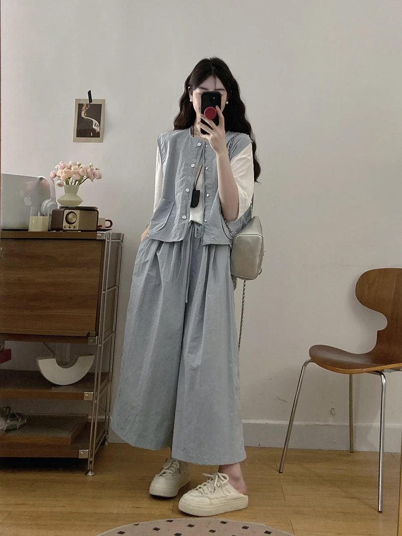 大码女装夏季时尚显瘦无袖叠穿马甲休闲通勤百搭裤裙内搭三件套女