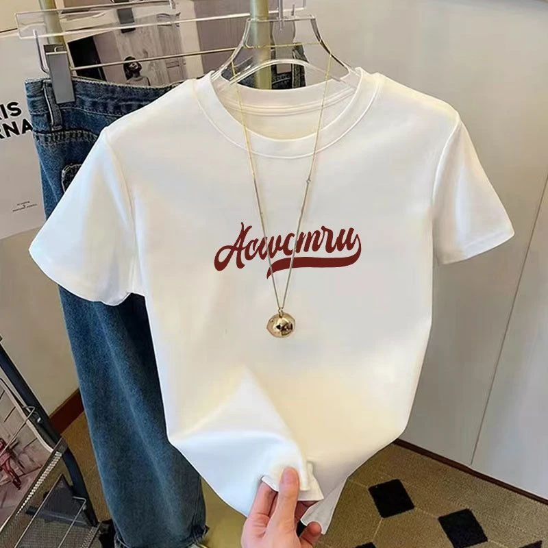 夏季新爆款100%纯棉女士短袖白色t恤女洋气圆领宽松简约ins潮上衣