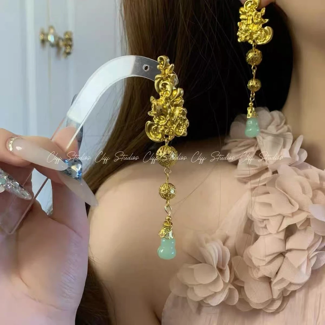 民族耳环复古宫廷耳环女小众设计高级气质轻奢金色耳饰国风新中式