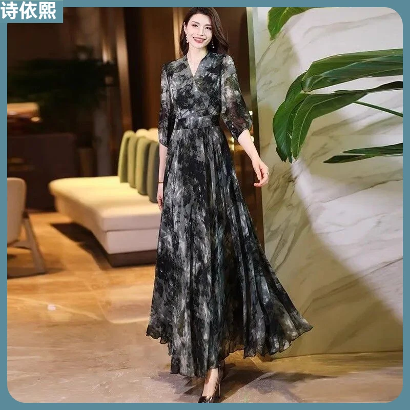 l连衣裙大摆裙7分袖大摆连衣裙修身显瘦起度假修身过膝长裙I