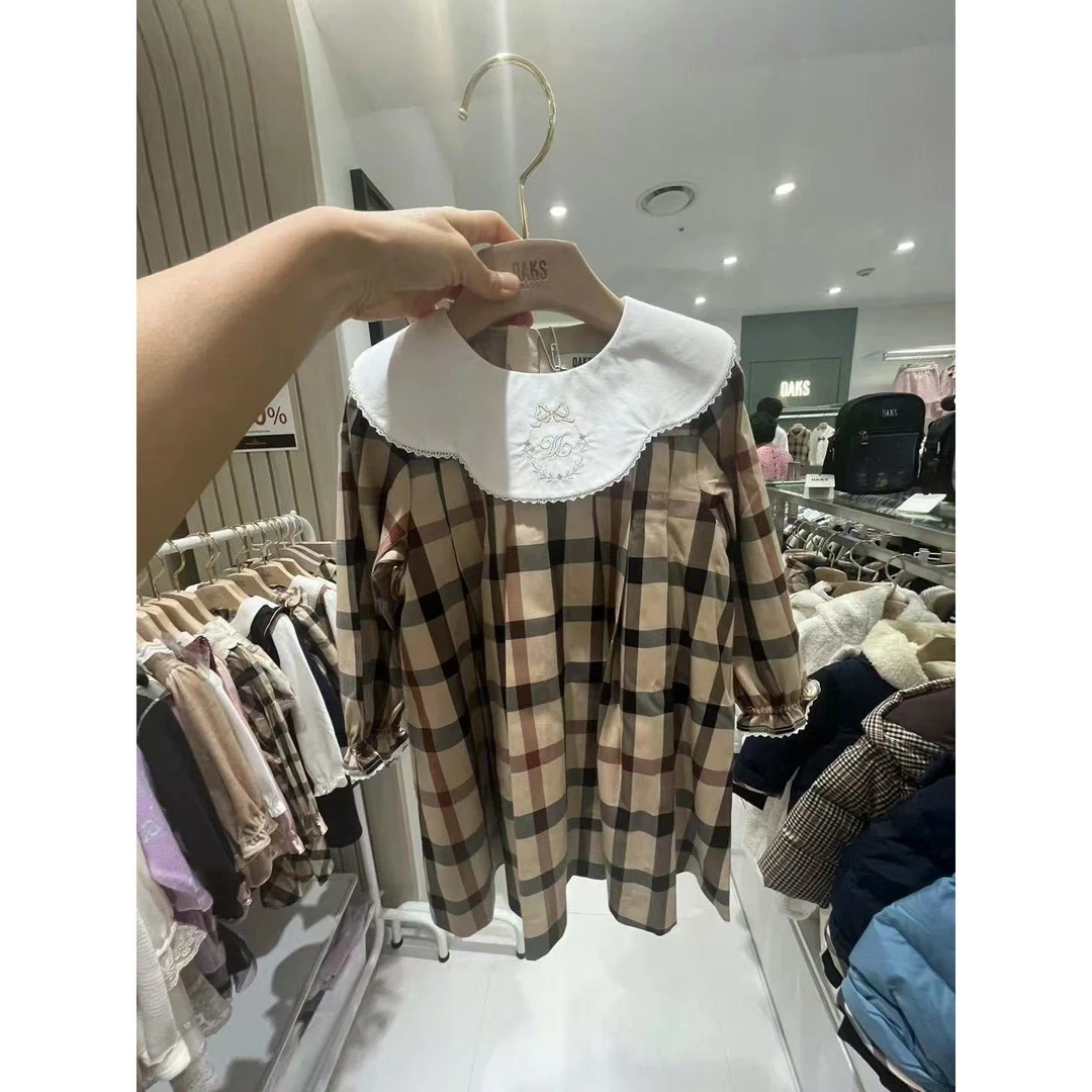 韩版24秋女童格子大领子连衣裙12028