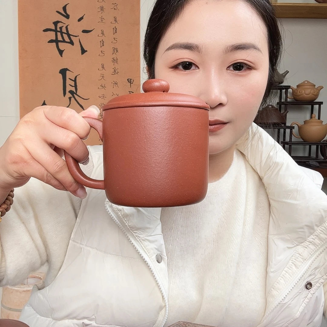 茶杯紫砂一**顺微瑕紫砂盖杯红降坡晃口