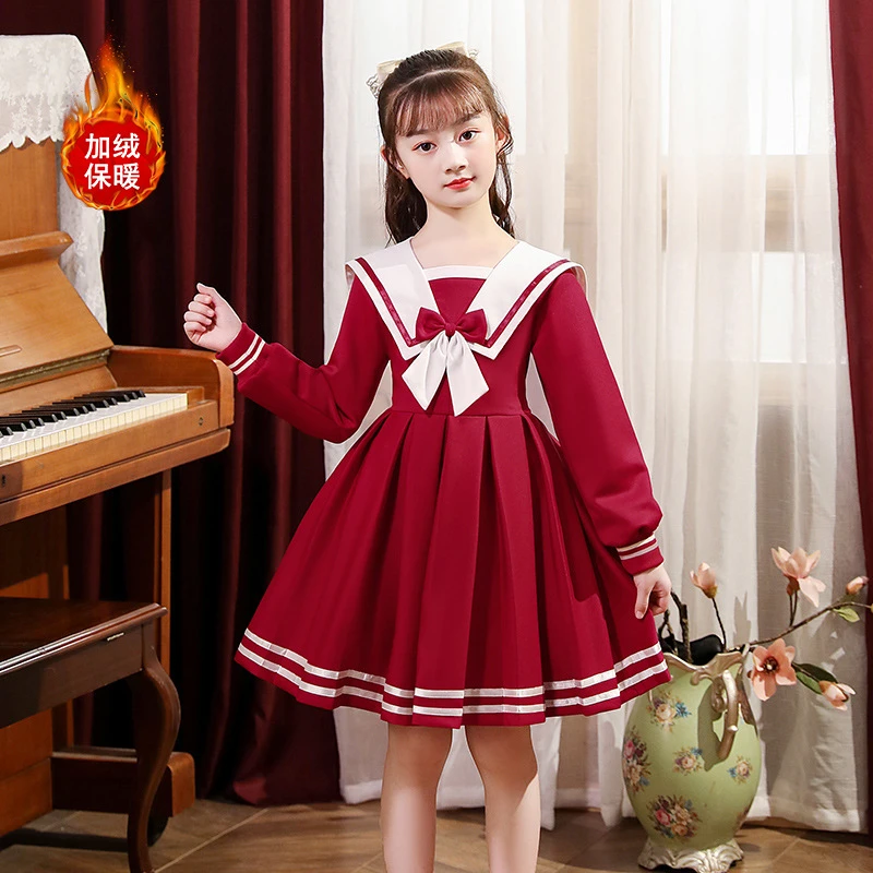 2025年秋冬女童海军领设计加绒保暖蓝色红色学院风百褶儿童连衣裙